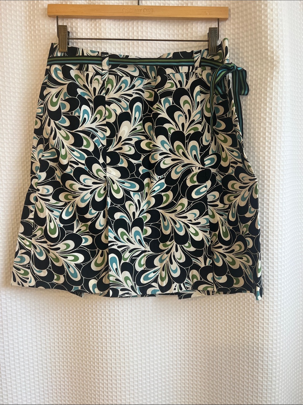 Patterned A-Line Wrap Skirt - Black, Teal & Cream-NWOT-626-030